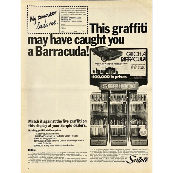 Scripto "Catch a Barracuda Graffiti Contest" Vintage Print Ad 1970 - Picture 1 of 3